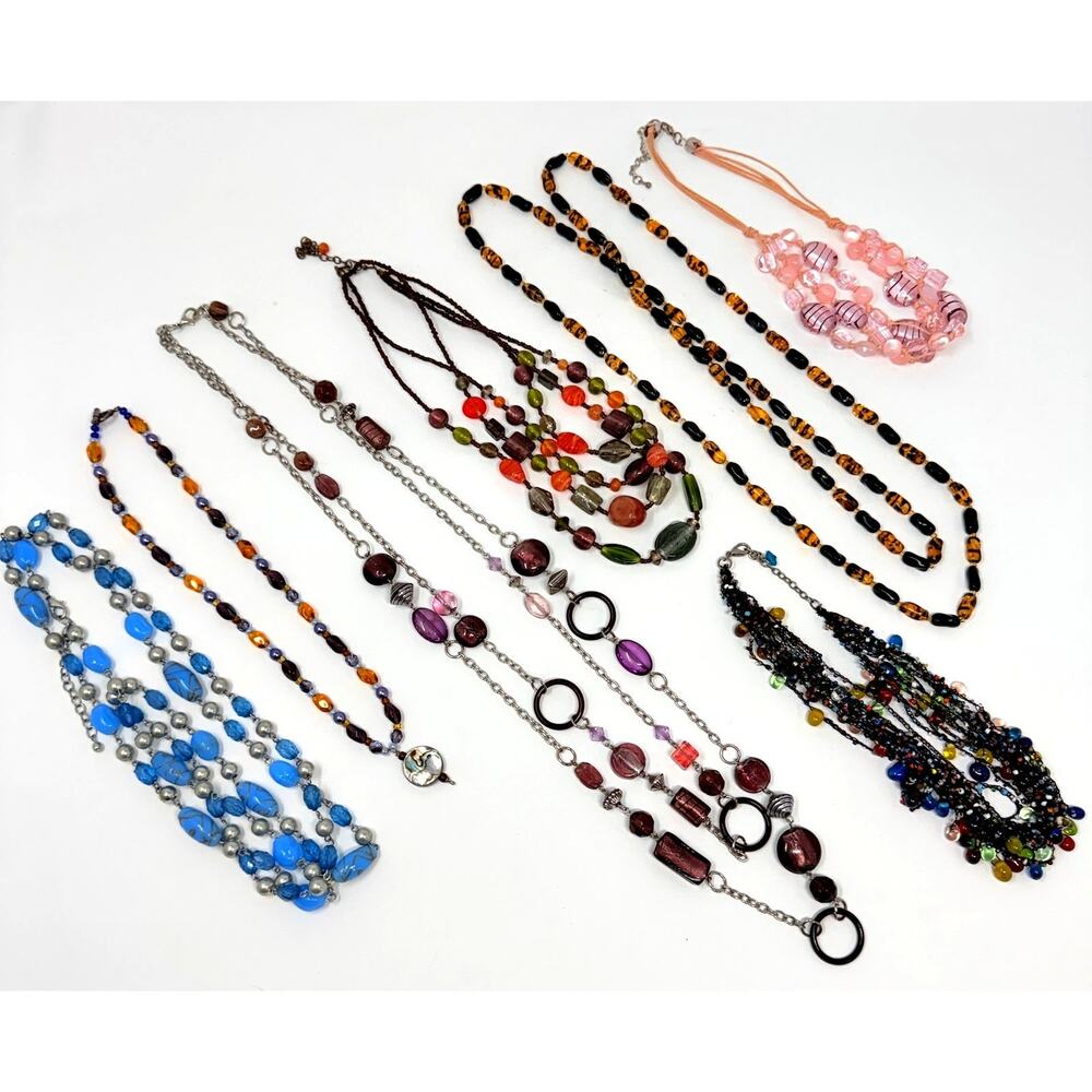 Lot 7 Art Glass Beaded Multi Strand Flapper Necklaces MOP Purple Pink Tortoise